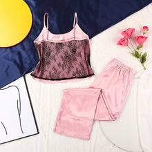 Load image into Gallery viewer, HiLoc Backless Satin Sexy Pajamas Black Lace Pajamas With Pants Loose Spaghetti Strap Intimate Lingerie Sleepwear Women Pj Set