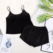 Load image into Gallery viewer, HiLoc Backless Satin Sexy Pajamas Black Lace Pajamas With Pants Loose Spaghetti Strap Intimate Lingerie Sleepwear Women Pj Set