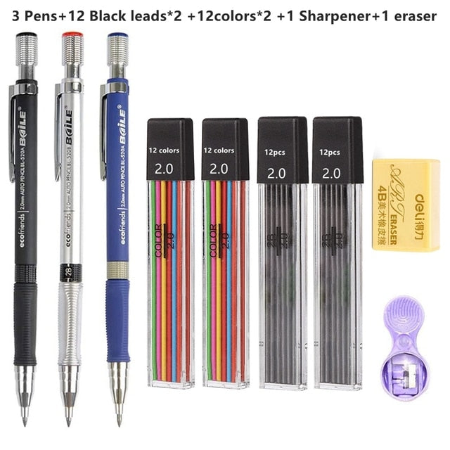 2.0 mm Mechanical Pencils Set 2B Automatic Student Pencils Color/Black Lead Refills Art Sketch Kawaii