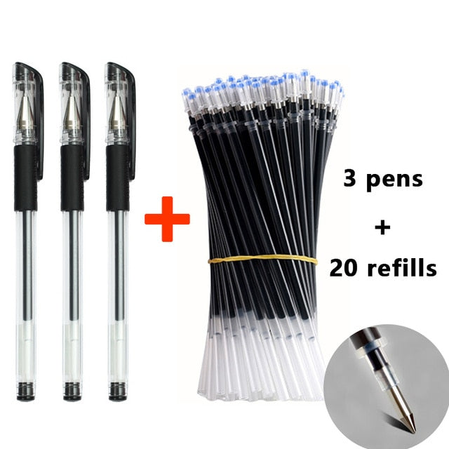 3+20Pcs Ballpoint Pen And Refill Black Blue Red Ink Bullet 0.5mm Gel Pens