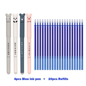 4+20 Pcs/Set Kawaii Pig Bear Cat Erasable Gel Pen Refills Rods 0.35mm Blue Black Ink Washable Handle