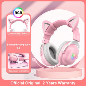 ONIKUMA K9 Pink Cat Ear Headphones with RGB LED Light Flexible Mic Gaming Headset 7.1 Surround Computer Earphones for PC Gamer