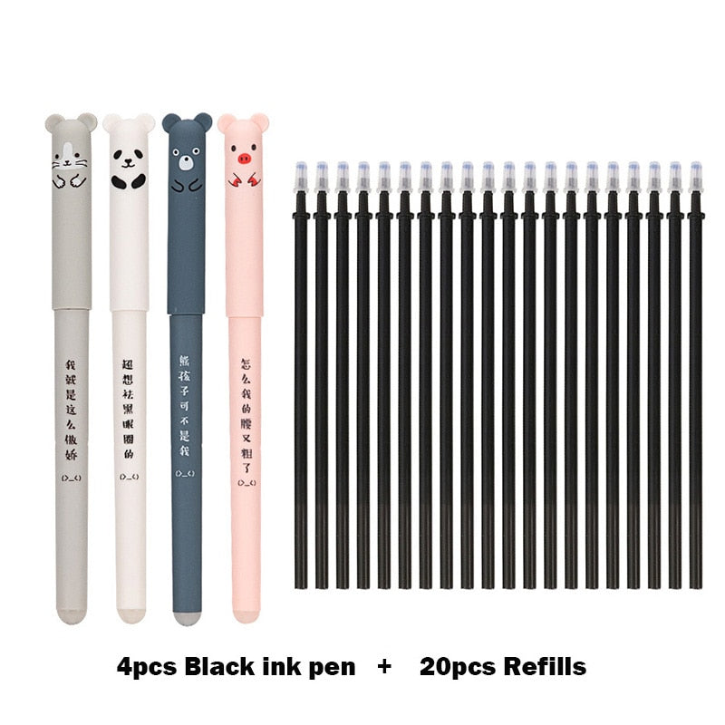 4+20 Pcs/Set Kawaii Pig Bear Cat Erasable Gel Pen Refills Rods 0.35mm Blue Black Ink Washable Handle