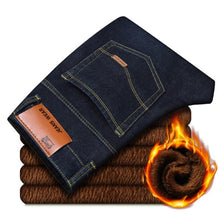 Cargar imagen en el visor de la galería, 2019 nuevas actividades para hombres, pantalones vaqueros cálidos de alta calidad, marca famosa, pantalones vaqueros de Otoño Invierno, pantalones vaqueros cálidos y suaves para hombres