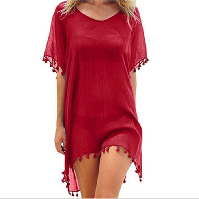 Verano mujer Bikini cubrir hasta gasa pompón detalle hueco Crochet traje de baño cubrir traje de baño ropa de playa túnica vestido de playa