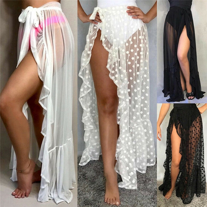Sexy Women Mesh Sheer Beach Bikini Cover Ups Vacation Sunscreen Wrap Skirt 2020 New RufflesDot  High Waist Split Bikini Cover Up
