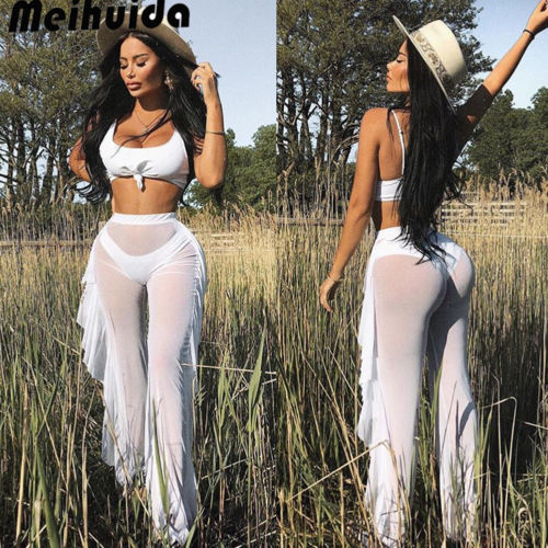 Sexy Women Bikini Cover Up Mesh Sheer See Through Plus Size Swimwear Bathing Pants Trousers Swimsuit Beachwear Swimming Suit