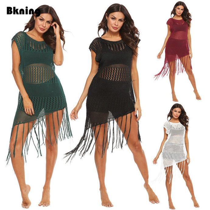 Vestidos playeros para mujer, Túnica de red de rejilla con borlas largas, traje de baño envolvente, Bikini negro, vestido de baño 2020 de talla grande S- XL
