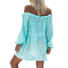 Load image into Gallery viewer, New Off Shoulder Beach Dress Bikini Cover Up Solid Sarong Swim Cover-ups Long Sleeve Beachwear Female Tied Tunic Summer Swimwear