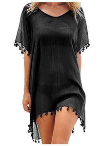 Verano mujer Bikini cubrir hasta gasa pompón detalle hueco Crochet traje de baño cubrir traje de baño ropa de playa túnica vestido de playa