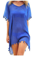 Cargar imagen en el visor de la galería, Verano mujer Bikini cubrir hasta gasa pompón detalle hueco Crochet traje de baño cubrir traje de baño ropa de playa túnica vestido de playa