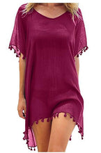 Cargar imagen en el visor de la galería, Verano mujer Bikini cubrir hasta gasa pompón detalle hueco Crochet traje de baño cubrir traje de baño ropa de playa túnica vestido de playa