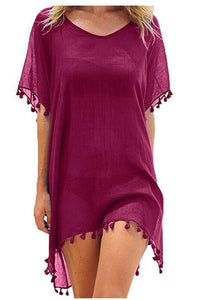 Verano mujer Bikini cubrir hasta gasa pompón detalle hueco Crochet traje de baño cubrir traje de baño ropa de playa túnica vestido de playa