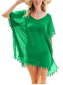 Verano mujer Bikini cubrir hasta gasa pompón detalle hueco Crochet traje de baño cubrir traje de baño ropa de playa túnica vestido de playa