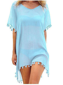 Verano mujer Bikini cubrir hasta gasa pompón detalle hueco Crochet traje de baño cubrir traje de baño ropa de playa túnica vestido de playa