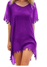Cargar imagen en el visor de la galería, Verano mujer Bikini cubrir hasta gasa pompón detalle hueco Crochet traje de baño cubrir traje de baño ropa de playa túnica vestido de playa