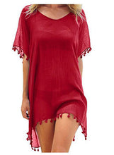 Cargar imagen en el visor de la galería, Verano mujer Bikini cubrir hasta gasa pompón detalle hueco Crochet traje de baño cubrir traje de baño ropa de playa túnica vestido de playa