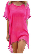 Cargar imagen en el visor de la galería, Verano mujer Bikini cubrir hasta gasa pompón detalle hueco Crochet traje de baño cubrir traje de baño ropa de playa túnica vestido de playa