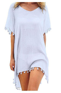 Verano mujer Bikini cubrir hasta gasa pompón detalle hueco Crochet traje de baño cubrir traje de baño ropa de playa túnica vestido de playa