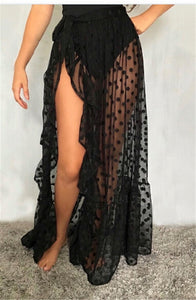 Sexy mujer malla transparente playa Bikini cubrir Ups vacaciones protector solar Wrap falda 2020 nuevo RufflesDot alta cintura Split Bikini cubrir