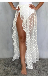 Sexy mujer malla transparente playa Bikini cubrir Ups vacaciones protector solar Wrap falda 2020 nuevo RufflesDot alta cintura Split Bikini cubrir