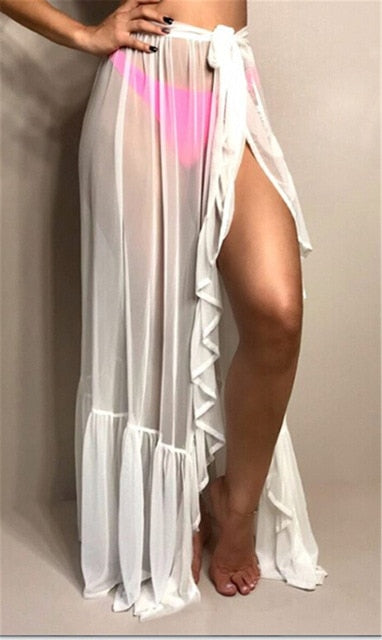 Sexy mujer malla transparente playa Bikini cubrir Ups vacaciones protector solar Wrap falda 2020 nuevo RufflesDot alta cintura Split Bikini cubrir
