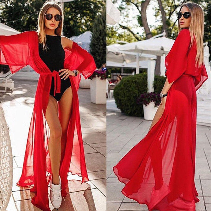Verano mujer traje de baño Bikini cubrir Sexy playa cubrir Ups gasa vestido largo elegante sólido playa traje de baño túnica caftán