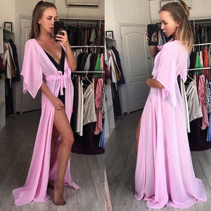 Verano mujer traje de baño Bikini cubrir Sexy playa cubrir Ups gasa vestido largo elegante sólido playa traje de baño túnica caftán