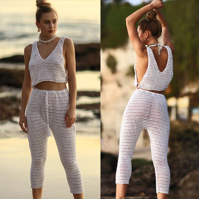 Hand Crochet Sexy Beach Bikini cover up deep v at the front and back Top Swim Trousers Long Hot pants