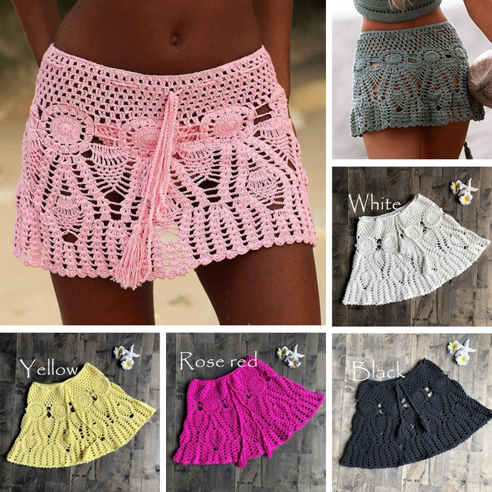 2019 New Sexy Crochet Tassel Beach Skirt Cotton Swimsuit Fused Skirt Casual Beach Running Lace See Through Slim Mini Skirts