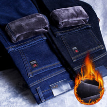Charger l&#39;image dans la galerie, 2020 Winter New Men&#39;s Warm Slim Fit Jeans Business Fashion Thicken Denim Trousers Fleece Stretch Brand Pants Black Blue