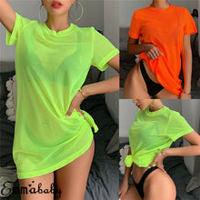 Cargar imagen en el visor de la galería, Bikini de malla transparente para mujer, traje de baño Sexy para cubrirse, traje de baño transparente, camiseta de manga corta, Tops, vestido de playa de verano