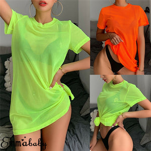 Bikini de malla transparente para mujer, traje de baño Sexy para cubrirse, traje de baño transparente, camiseta de manga corta, Tops, vestido de playa de verano