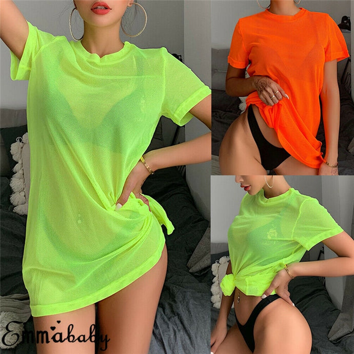Bikini de malla transparente para mujer, traje de baño Sexy para cubrirse, traje de baño transparente, camiseta de manga corta, Tops, vestido de playa de verano