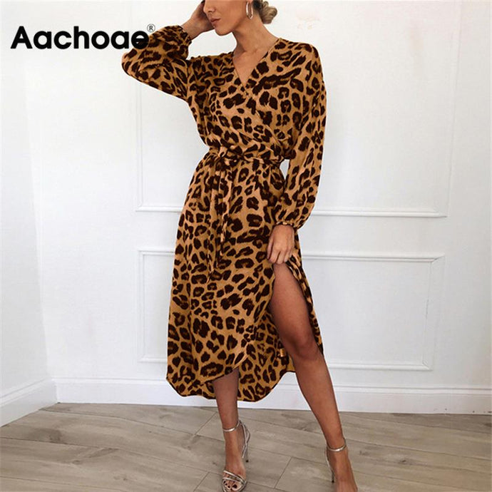 Aachoae vestido de leopardo 2020 mujeres Vintage vestido largo de playa suelto de manga larga con cuello en V A-line Sexy vestido de fiesta Vestidos de fiesta