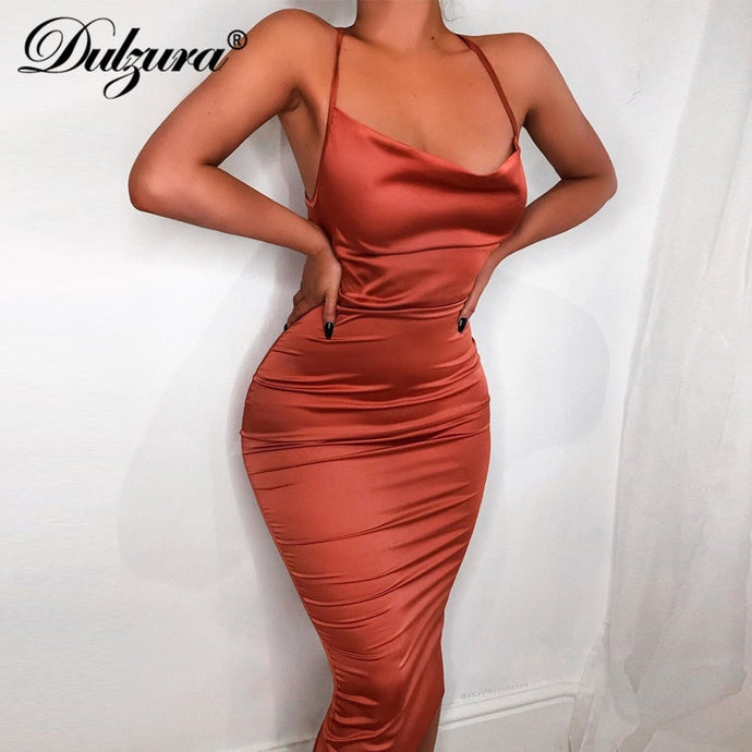Dulzura neon satin lace up 2020 verano mujer bodycon largo midi vestido sin mangas sin espalda elegante fiesta trajes sexy club ropa