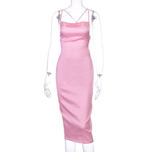 Dulzura neon satin lace up 2020 summer women bodycon long midi dress sleeveless backless elegant party outfits sexy club clothes