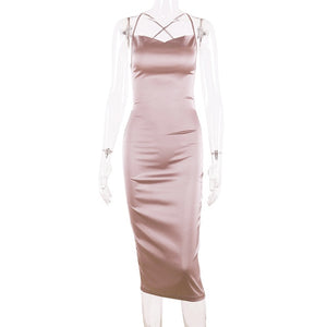 Dulzura neon satin lace up 2020 summer women bodycon long midi dress sleeveless backless elegant party outfits sexy club clothes