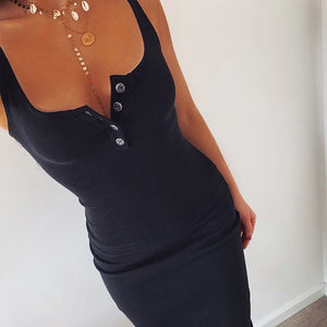 WannaThis vestido hasta la rodilla de punto elástico sin mangas Bodycon elegante mujer 2019 verano Sexy cuello en V botón fiesta vestidos ajustados
