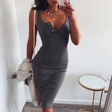 Cargar imagen en el visor de la galería, WannaThis vestido hasta la rodilla de punto elástico sin mangas Bodycon elegante mujer 2019 verano Sexy cuello en V botón fiesta vestidos ajustados