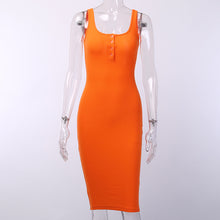 Cargar imagen en el visor de la galería, WannaThis vestido hasta la rodilla de punto elástico sin mangas Bodycon elegante mujer 2019 verano Sexy cuello en V botón fiesta vestidos ajustados