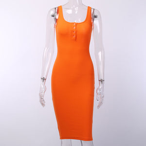 WannaThis vestido hasta la rodilla de punto elástico sin mangas Bodycon elegante mujer 2019 verano Sexy cuello en V botón fiesta vestidos ajustados