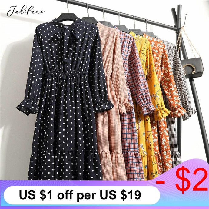 Vestido informal de otoño para mujer, Vestido camisero de chifón con estampado Floral Vintage de estilo coreano para mujer, Vestido Midi de manga larga con lazo para invierno