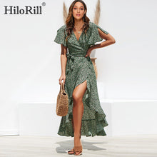 Cargar imagen en el visor de la galería, Vestido largo de playa de verano para mujer, vestido largo bohemio de gasa con estampado Floral, vestido informal con volantes y escote en V, vestido de fiesta Sexy dividido para mujer
