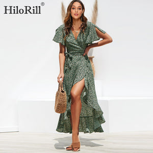 Vestido largo de playa de verano para mujer, vestido largo bohemio de gasa con estampado Floral, vestido informal con volantes y escote en V, vestido de fiesta Sexy dividido para mujer