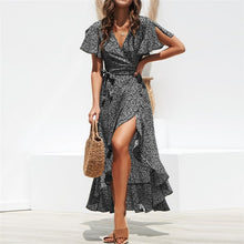 Cargar imagen en el visor de la galería, Vestido largo de playa de verano para mujer, vestido largo bohemio de gasa con estampado Floral, vestido informal con volantes y escote en V, vestido de fiesta Sexy dividido para mujer