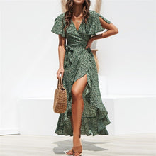 Cargar imagen en el visor de la galería, Vestido largo de playa de verano para mujer, vestido largo bohemio de gasa con estampado Floral, vestido informal con volantes y escote en V, vestido de fiesta Sexy dividido para mujer