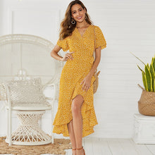 Cargar imagen en el visor de la galería, Vestido largo de playa de verano para mujer, vestido largo bohemio de gasa con estampado Floral, vestido informal con volantes y escote en V, vestido de fiesta Sexy dividido para mujer