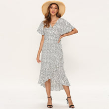 Cargar imagen en el visor de la galería, Vestido largo de playa de verano para mujer, vestido largo bohemio de gasa con estampado Floral, vestido informal con volantes y escote en V, vestido de fiesta Sexy dividido para mujer