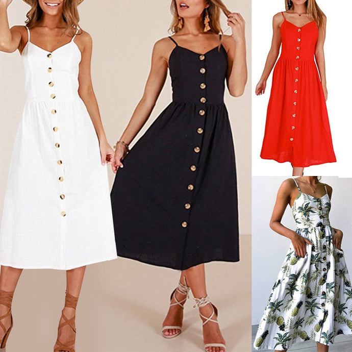 2019 nouvelles femmes imprimer fleur rayure longue robe Sexy col en v sans manches bouton plage décontracté Boho robe Midi grande taille 3XL vestidos